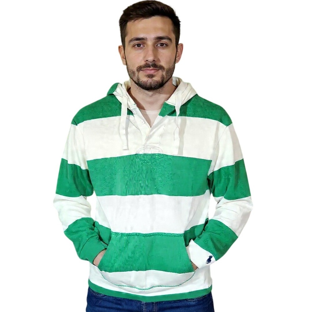 Polo Ralph Lauren XS Striped Hooded Rugby Shirt Classic Green White Pullover NWT